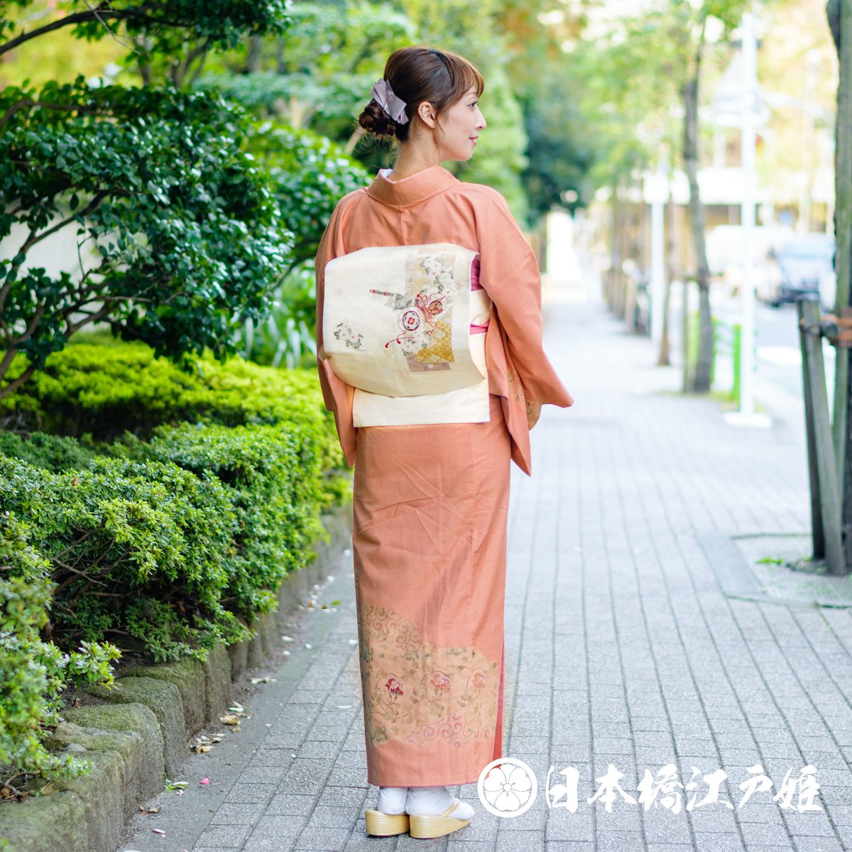訪問着付下げ袷正絹オレンジベージュオレンジブラウン薄橙