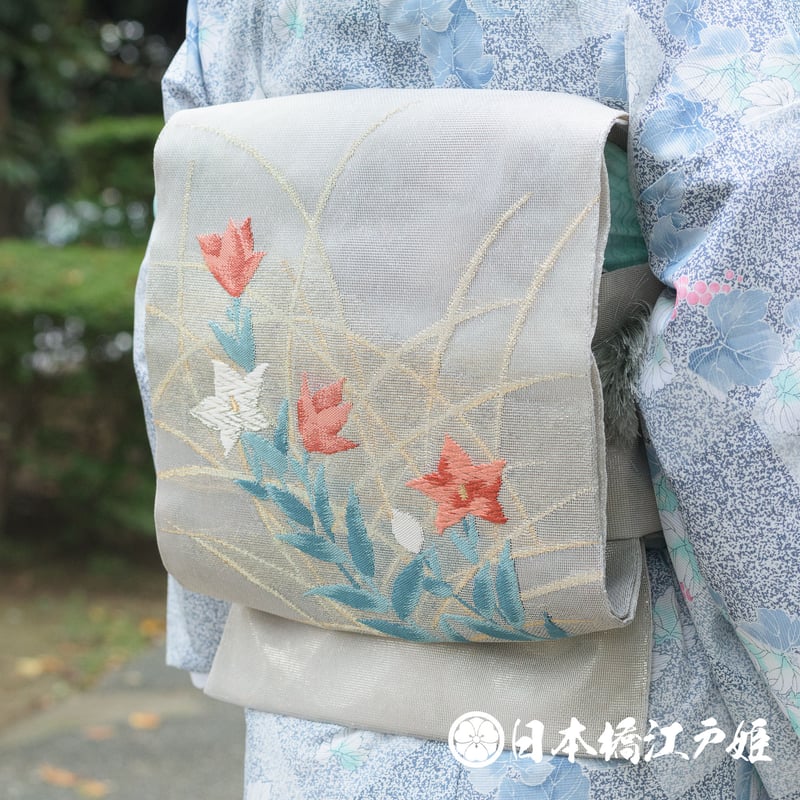 0246 夏物 袋帯 名品 正絹 銀色 桔梗 幾何学 金糸 銀糸 お太鼓柄 帯丈 