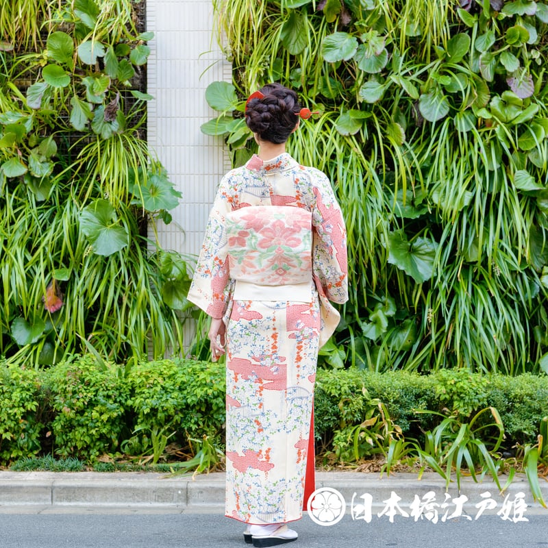 0344 名古屋帯 正絹 クリーム 草花 お太鼓柄 帯丈356cm | 日本橋江戸姫
