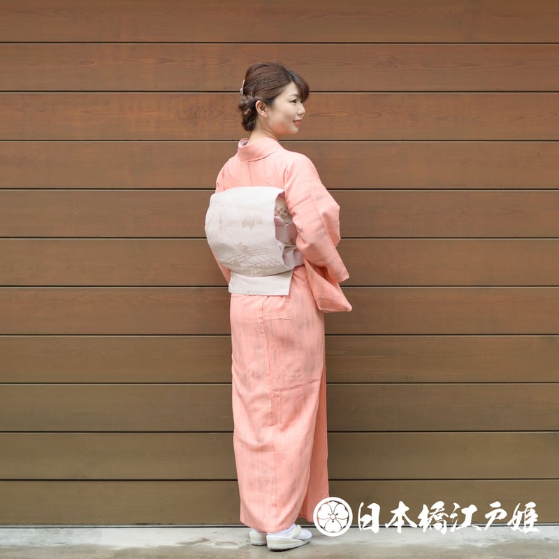 0241 夏物 小紋 薄物 絽 正絹 オレンジ 竹文様 身丈150.5cm | 日本橋江戸姫 