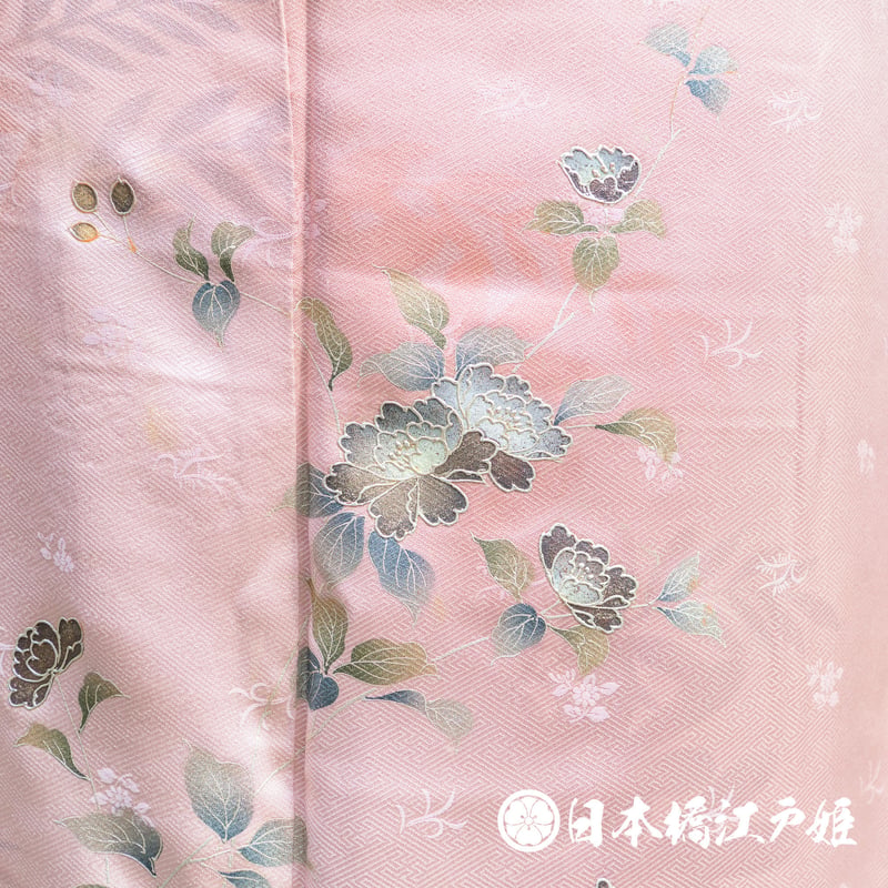 正絹 華やかピンク地 橋に菊柄