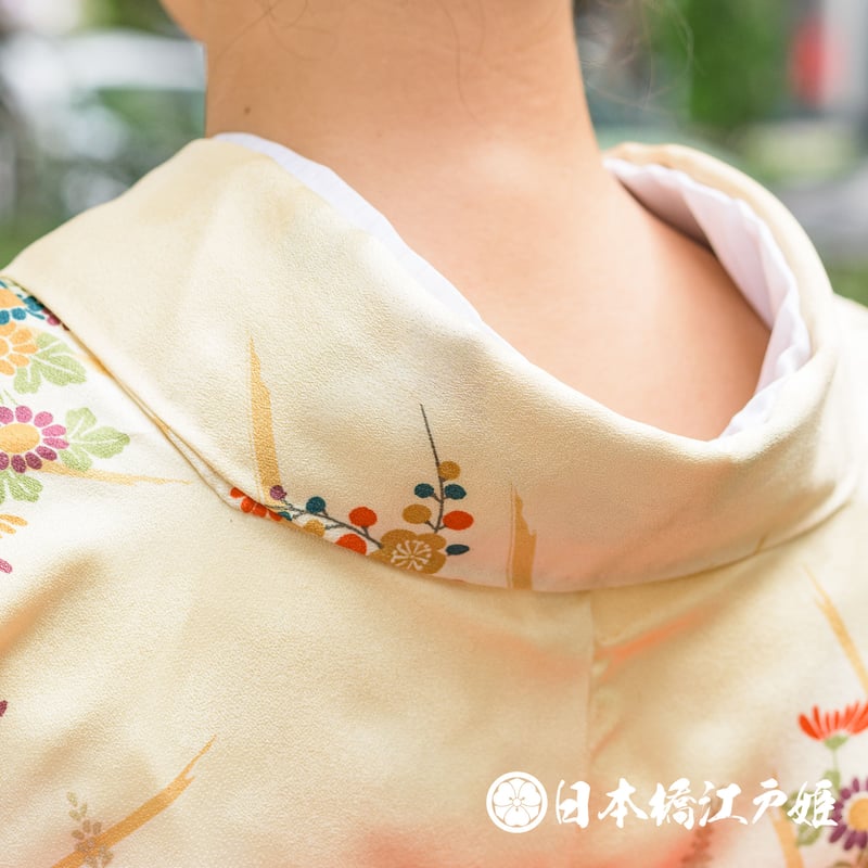 0291 小紋 優品 正絹 袷 黄色 ぼかし雲取り 格天井 草花 竹垣 金彩 