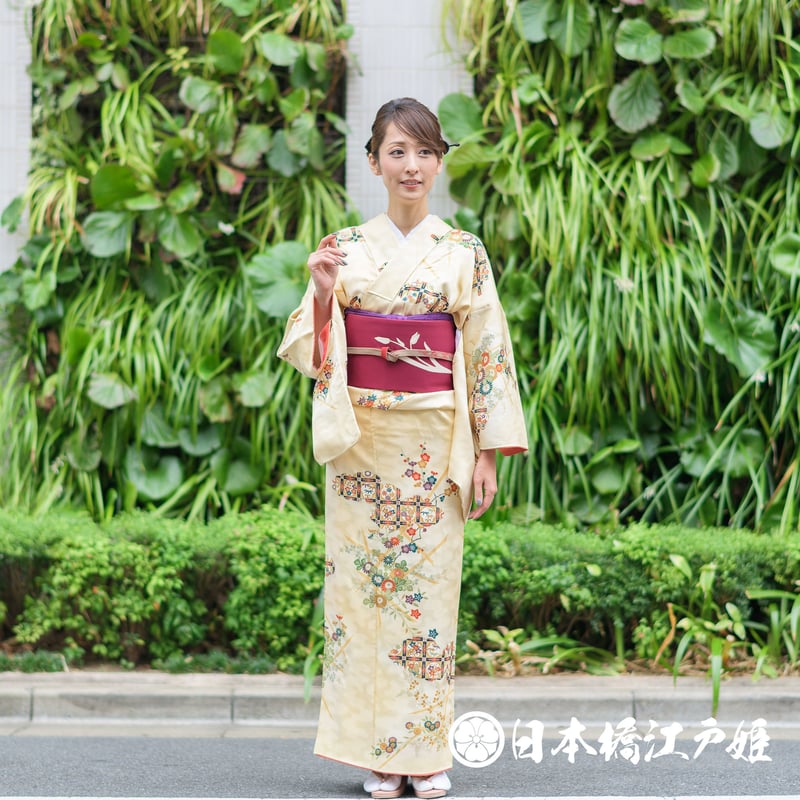 0079 名古屋帯 Aランク美品 正絹 えんじ色 草花 金糸 金彩 お太鼓柄 帯 