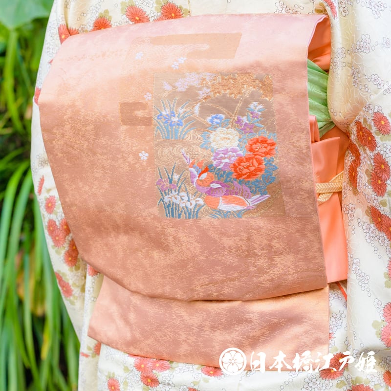 0368 名古屋帯 Aランク美品 正絹 ピンク 草花 牡丹 色紙 お太鼓柄 帯丈