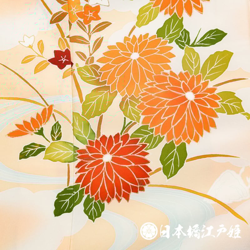 薄オレンジ色 花柄 正絹 付け下げ