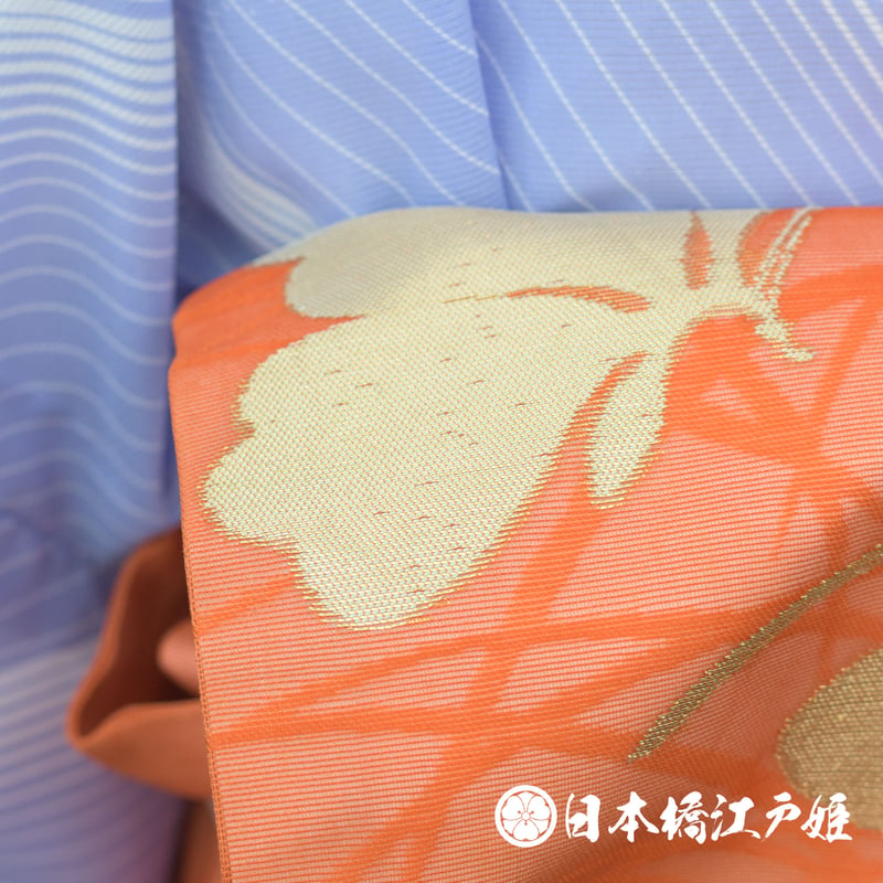 0195 夏物 名古屋帯 優品 絽 正絹 橙色 蝶 幾何学 引き箔 六通し 帯丈 