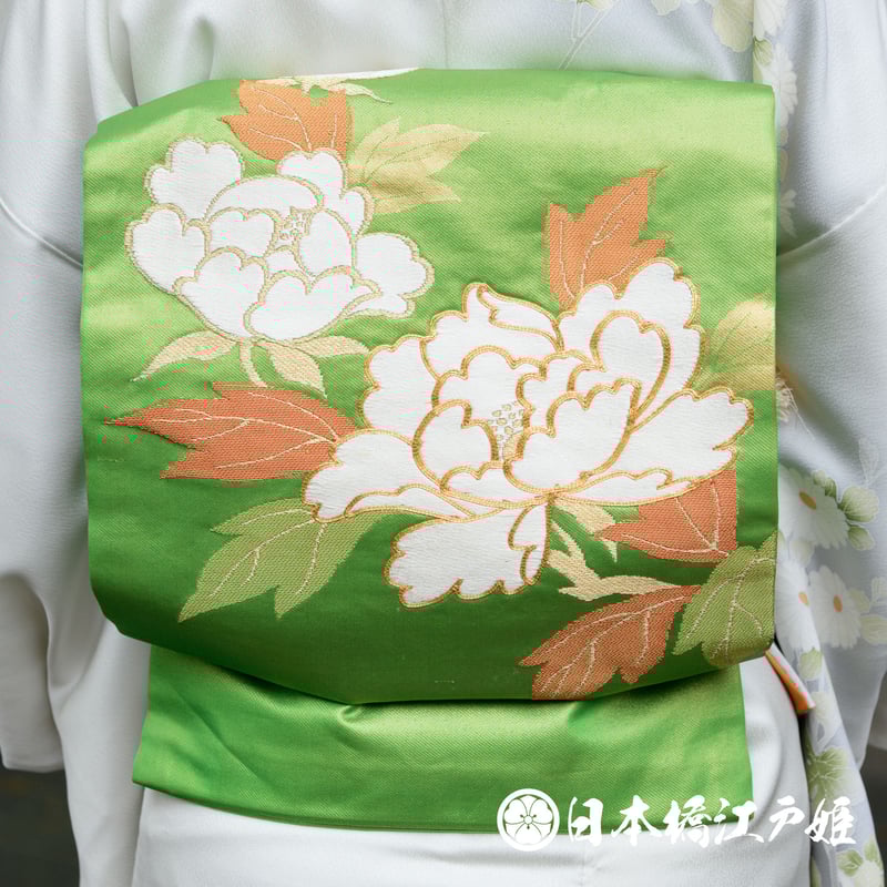 F317】厳選逸品 縮緬 器物吉祥文 千歳緑色 高級美術正絹名古屋帯新品同様