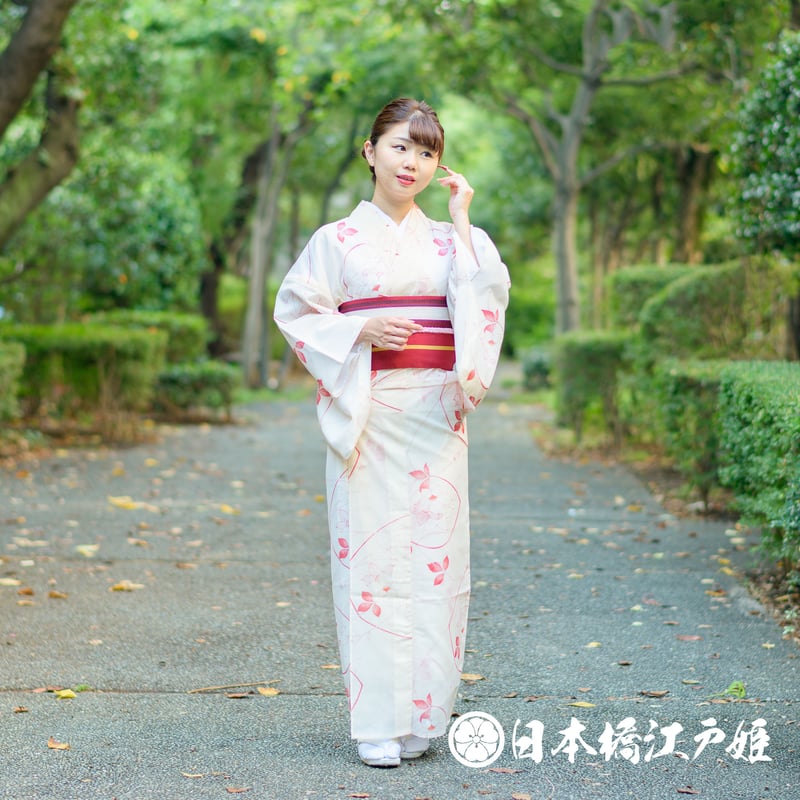 0271 夏物 小紋 薄物 絽 化繊 薄オレンジ 草花 身丈156cm 0271 夏物 小紋 薄物 絽 化繊 薄オレンジ 草花 身丈156cm