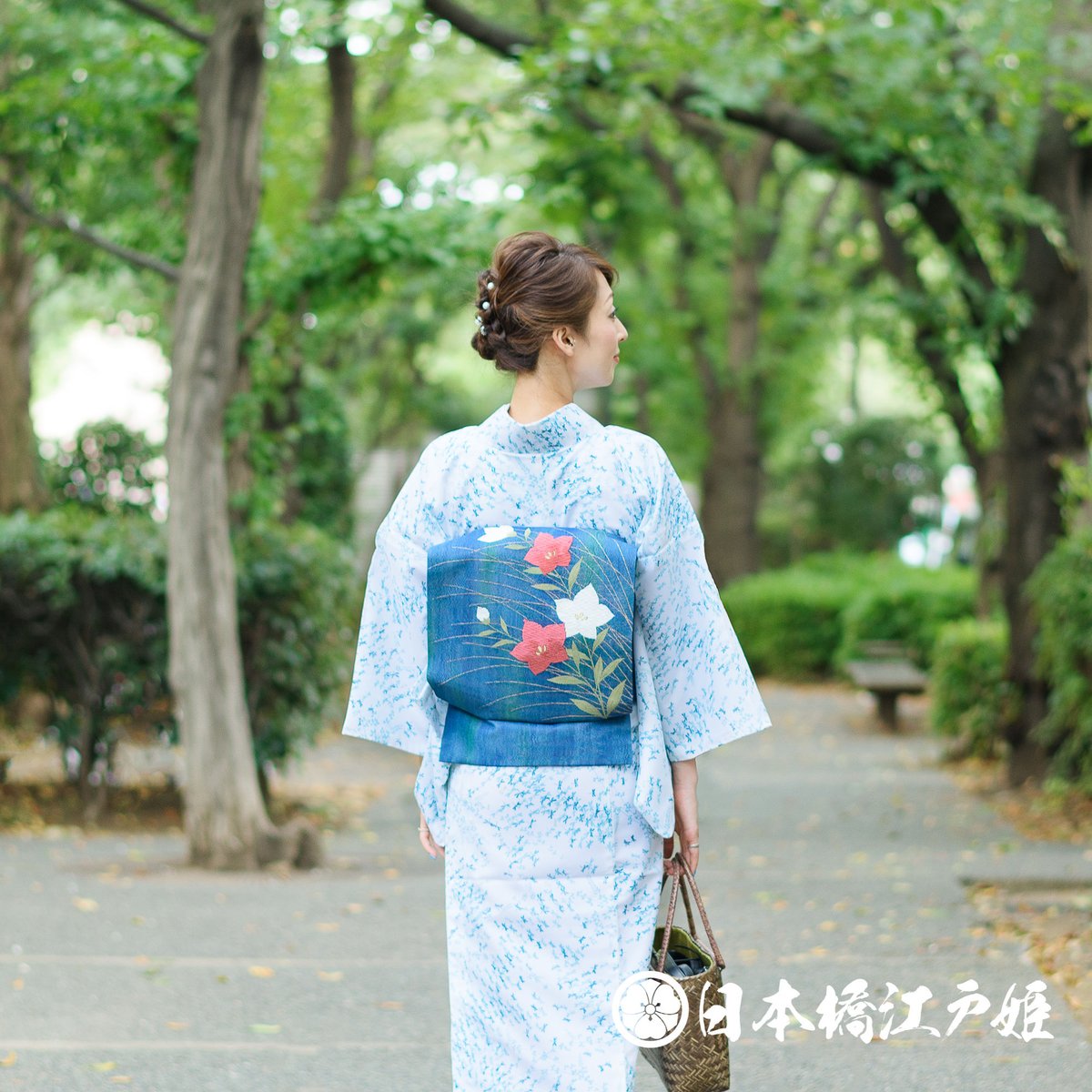 名古屋帯 夏用 紗 松葉仕立て 桔梗 銀糸 ライムグリーン 着物 075w d  