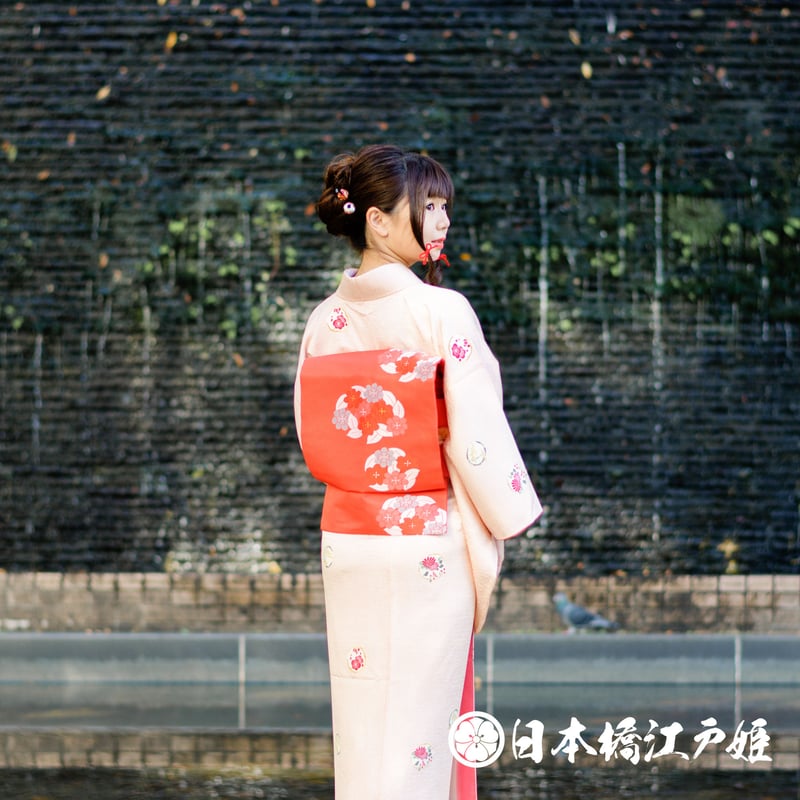 0360 名古屋帯 優品 Aランク美品 正絹 朱色 草花 梅 金糸 六通し 帯丈 