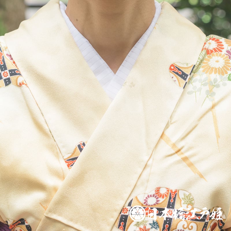 0291 小紋 優品 正絹 袷 黄色 ぼかし雲取り 格天井 草花 竹垣 金彩 
