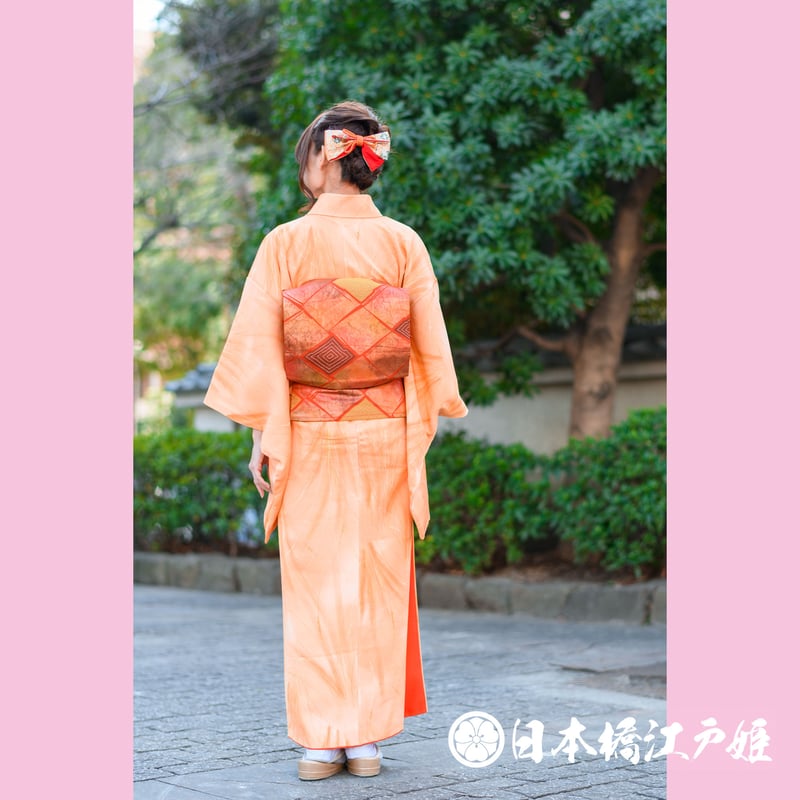 未着用　小紋　デニム着物　縦縞模様　ペールオレンジ　縦様着物　083w p デニム着物 レディース ブラック ノーマル 対丈 : 京呉服・宝石