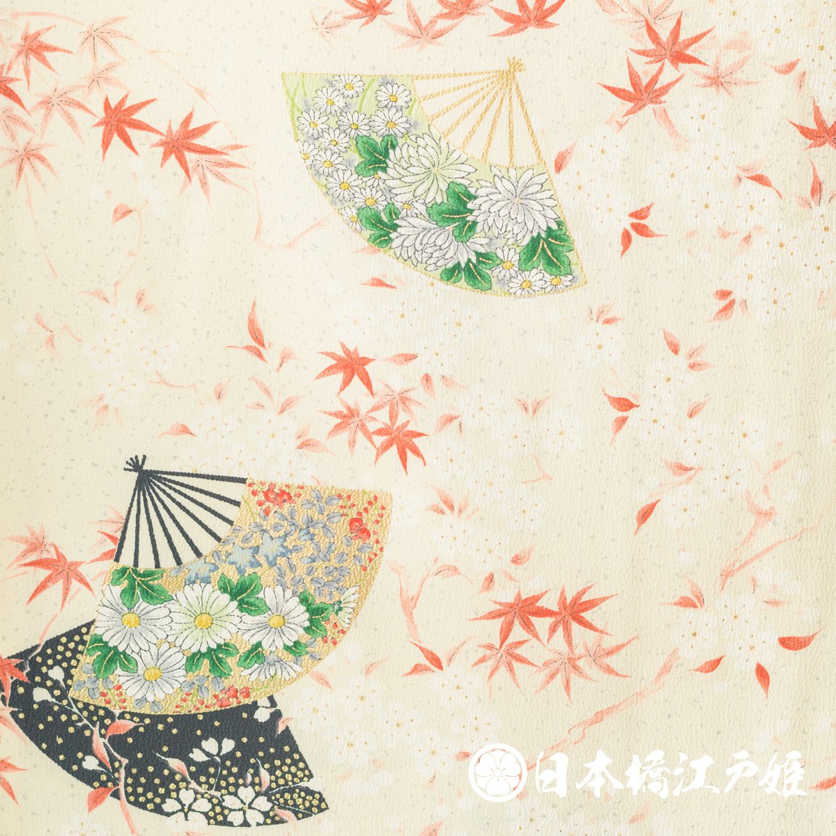 0363 小紋 正絹 袷 クリーム色 草花 扇 菊 牡丹 金彩 ちりめん 身丈163cm 0363 小紋 正絹 袷 クリーム色 草花 扇 菊 牡丹 金彩 ちりめん 身丈163cm