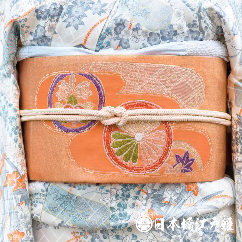 送料無料】未使用品 名古屋帯 縮緬地 紺ぼかし 縦縞 桜 笹 楓 3m57cm 