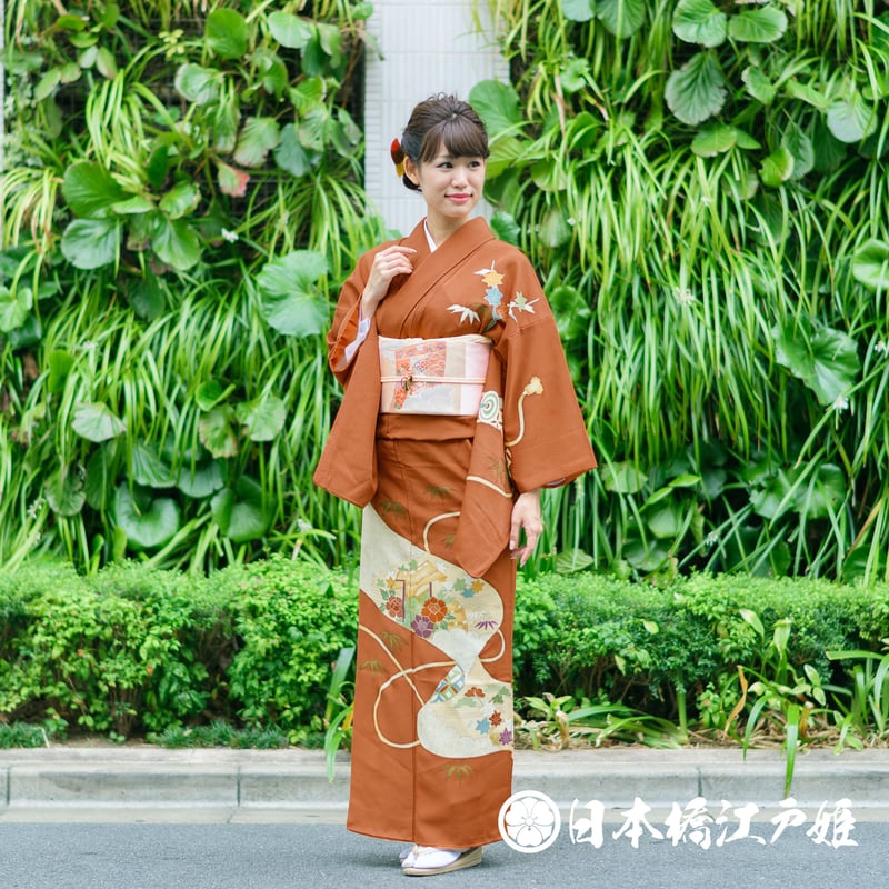 超美品　着物　正絹　袷　牛首紬　付け下げ　162落款 風景　若竹色　柳鼠　緑 超美品着物正絹袷牛首紬付け下げ162落款 風景若竹色柳鼠緑