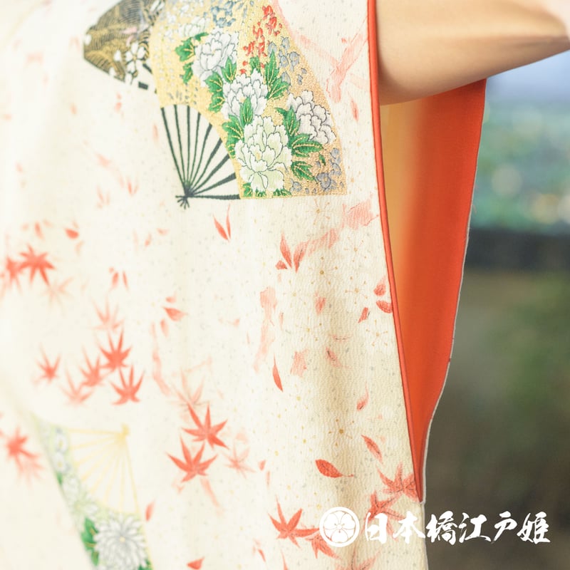 0363 小紋 正絹 袷 クリーム色 草花 扇 菊 牡丹 金彩 ちりめん 身丈 0363 小紋 正絹 袷 クリーム色 草花 扇 菊 牡丹 金彩 ちりめん 身丈