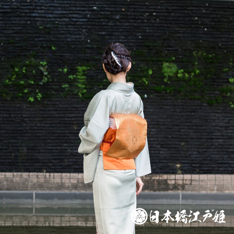0307 名古屋帯 Aランク美品 正絹 オレンジ 松皮菱 若松 華紋 金糸 六 