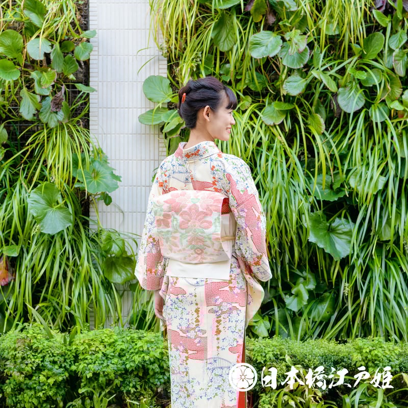 0344 名古屋帯 正絹 クリーム 草花 お太鼓柄 帯丈356cm | 日本橋江戸姫 