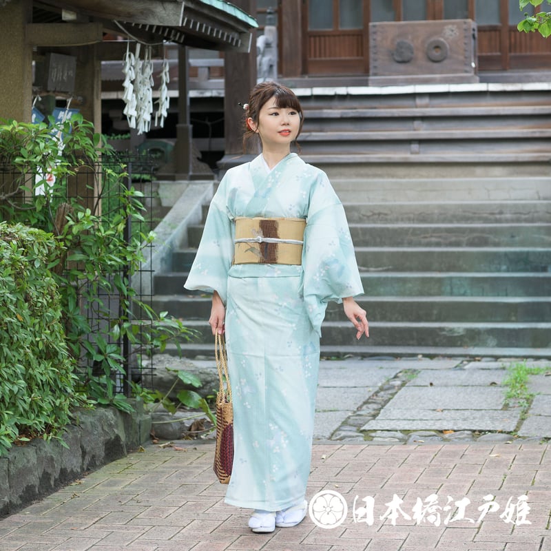 名古屋帯 結城紬 薄いブルー 正絹 帯 着物 AO-800