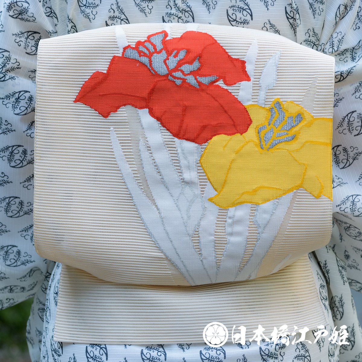 0592 夏物 名古屋帯 正絹 絽 クリーム 松葉仕立て 八寸帯 お太鼓柄 帯  