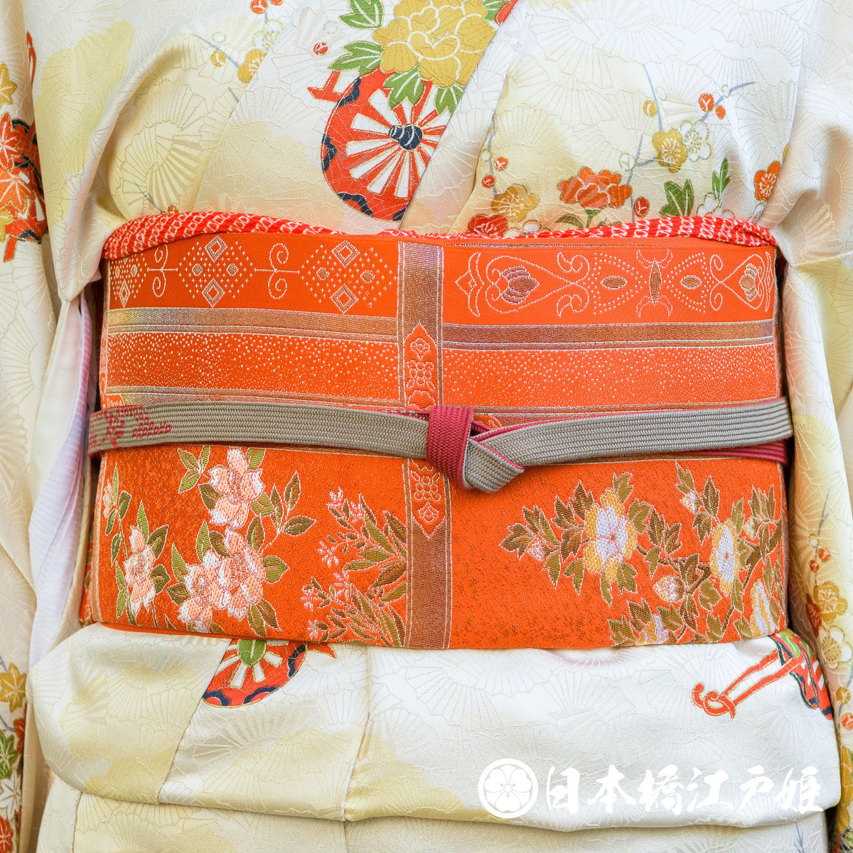 正絹 名古屋帯 プラチナ箔 白×シルバー×オレンジ 単品M - メルカリ 