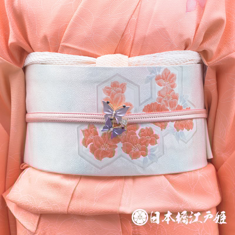 0283 名古屋帯 正絹 シルバー 銀パール箔 毘沙門亀甲 草花 六 0283 名古屋帯 正絹 シルバー 銀パール箔 毘沙門亀甲 草花 六
