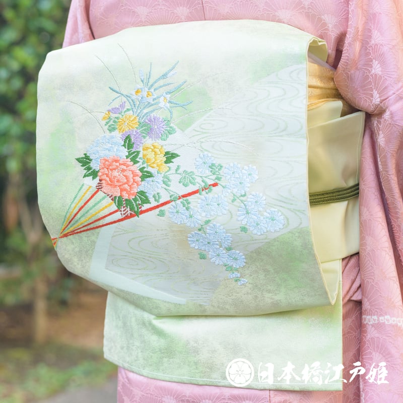 ◇着物 帯 袋帯 刺繍 金糸 草花 扇子 名古屋帯 お洒落文様 逸品 昭和②