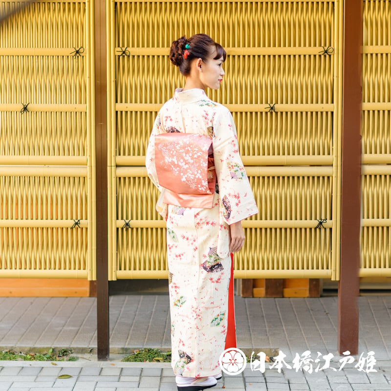 0363 小紋 正絹 袷 クリーム色 草花 扇 菊 牡丹 金彩 ちりめん 身丈 