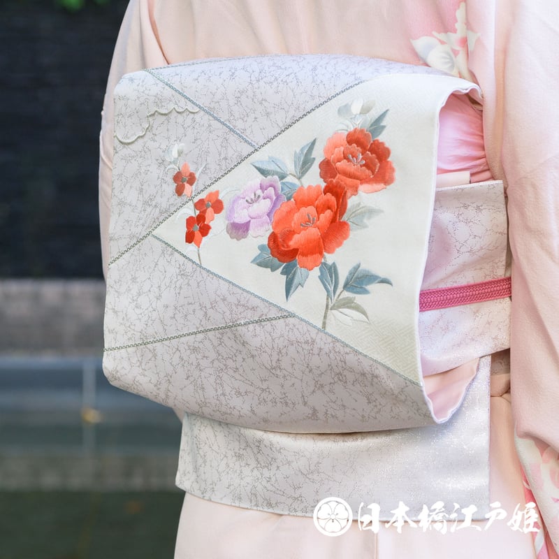 正絹 袋帯 牡丹 刺繍