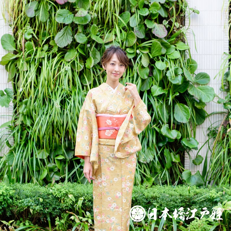 0294 小紋 名品 Aランク美品 正絹 袷 黄土色 菊 ぼかし 地紋 芝 身丈 