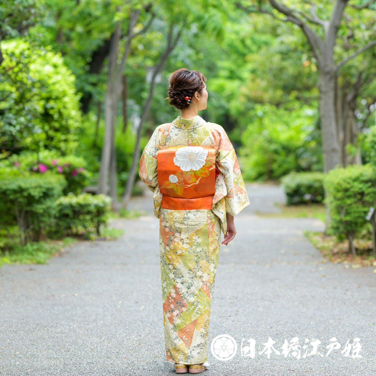 新品　正絹　紬の九寸名古屋帯　染め分けに刺繍　太鼓柄　からし色でこなれ感の着姿に 新品正絹紬の九寸名古屋帯染め分けに刺繍太鼓柄からし色でこなれ