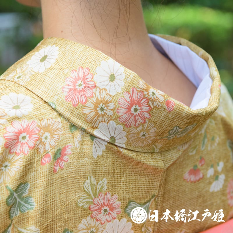 0294 小紋 名品 Aランク美品 正絹 袷 黄土色 菊 ぼかし 地紋 芝 身丈 