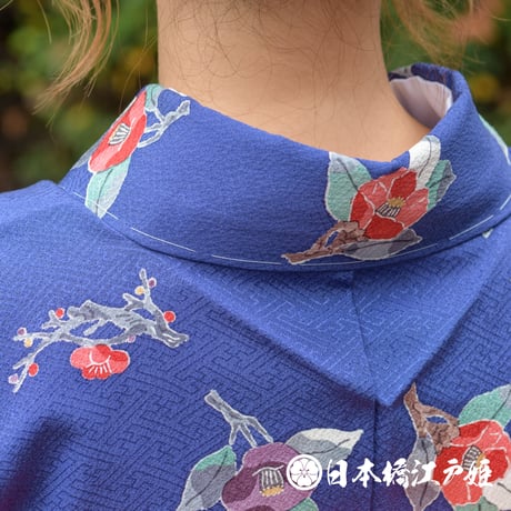 0379 小紋　名品　Aランク美品　正絹　袷　青紫　椿　梅　地紋に紗綾形　身丈158.5cm