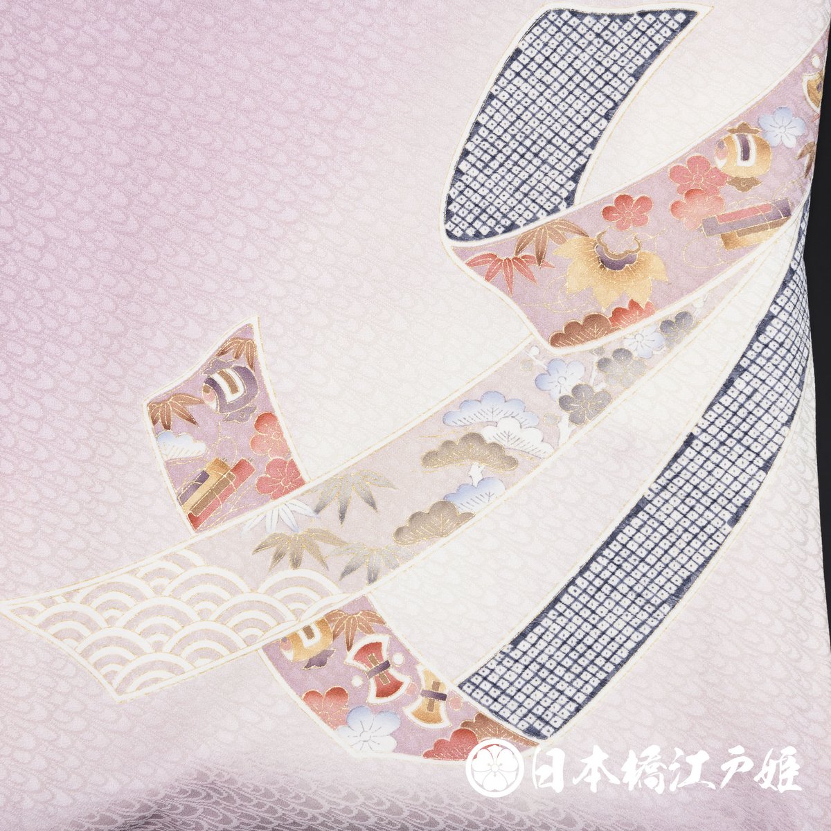 0104 付け下げ Aランク美品 正絹 袷 薄紫 鬘帯 青海波 松竹梅 身丈  