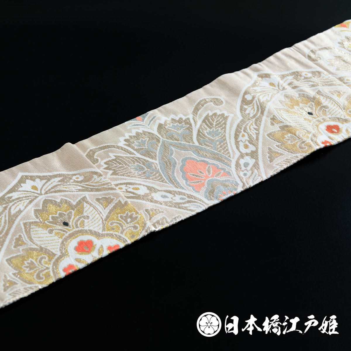 0009 名古屋帯　正絹　金色　金糸　銀糸　六通し　帯丈327cm