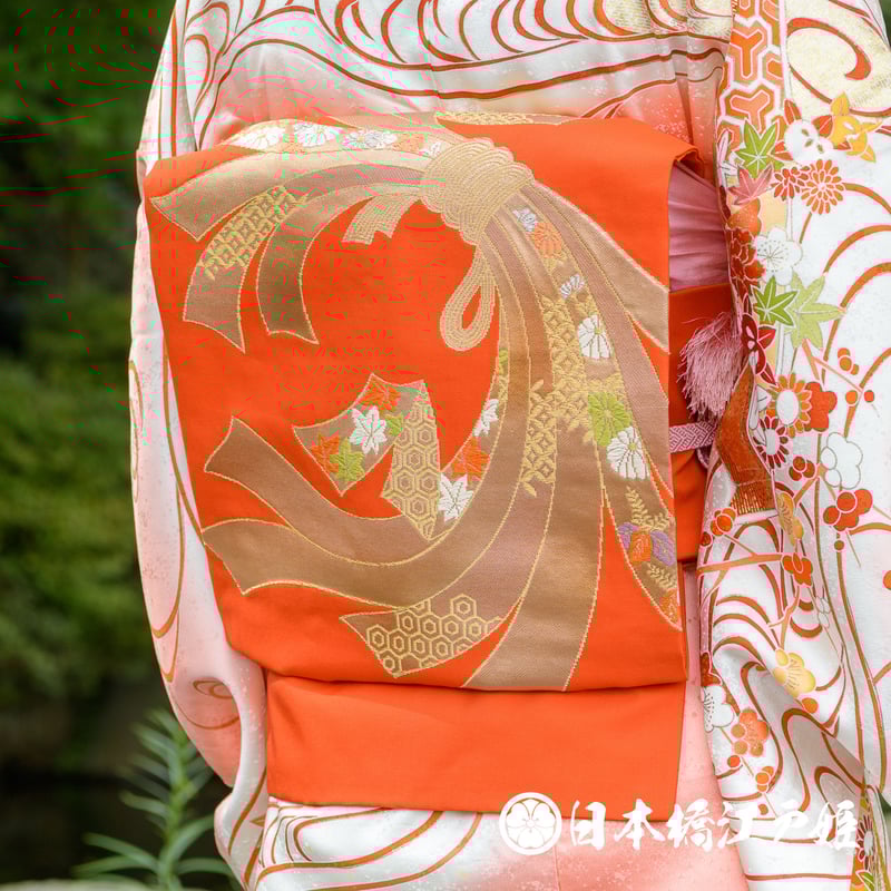名古屋帯 友禅 友禅染帯 正絹 久谷更文様 お太鼓柄 コラールオレンジx