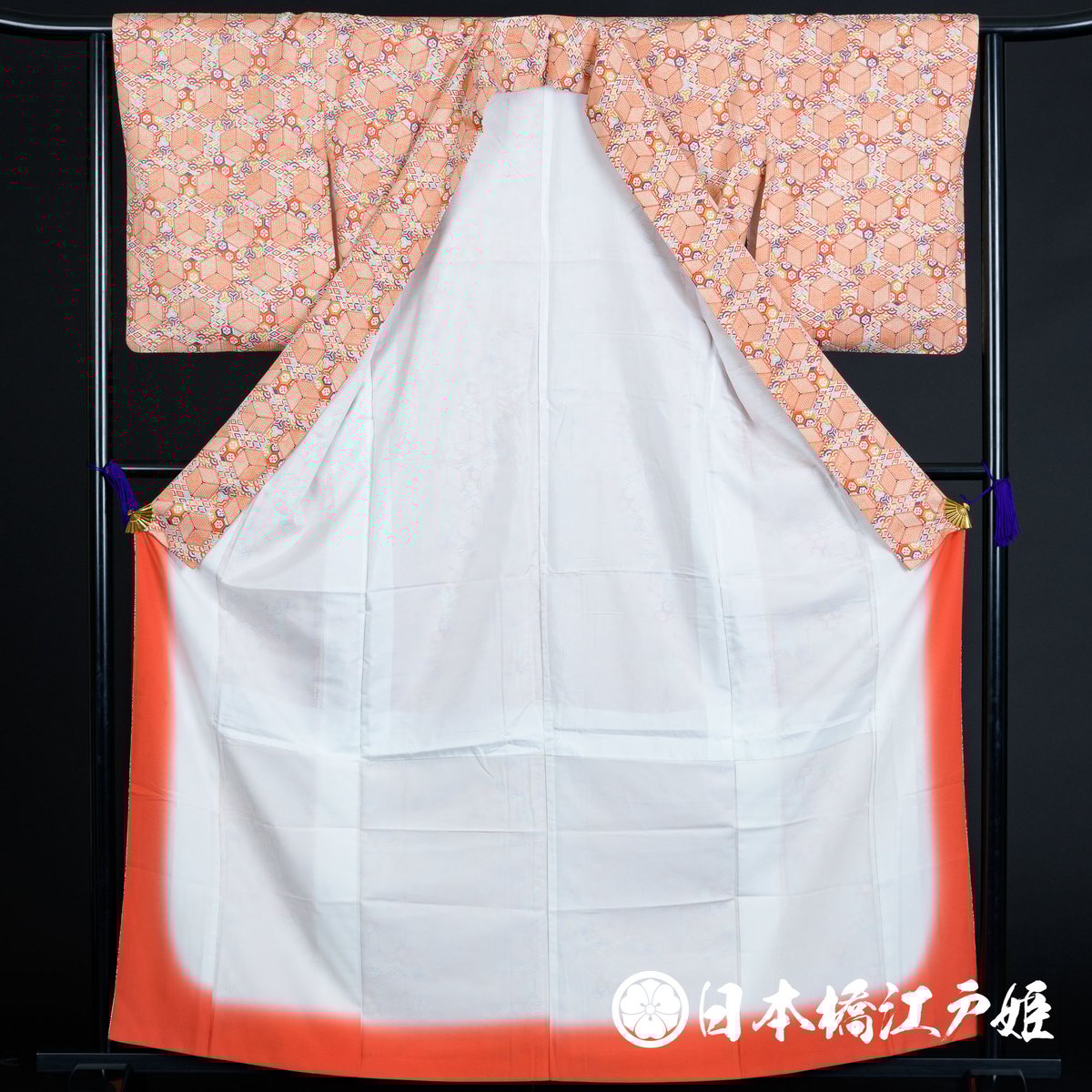 0132 小紋 優品 Aランク美品 化繊 袷 薄朱色 亀甲 青海波 身丈161.5cm  