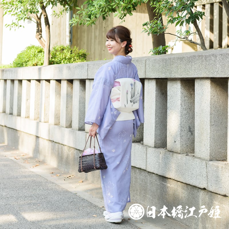 0214 夏物 優品 Aランク美品 小紋 薄物 絽 化繊 薄紫 蝶 身丈150cm 