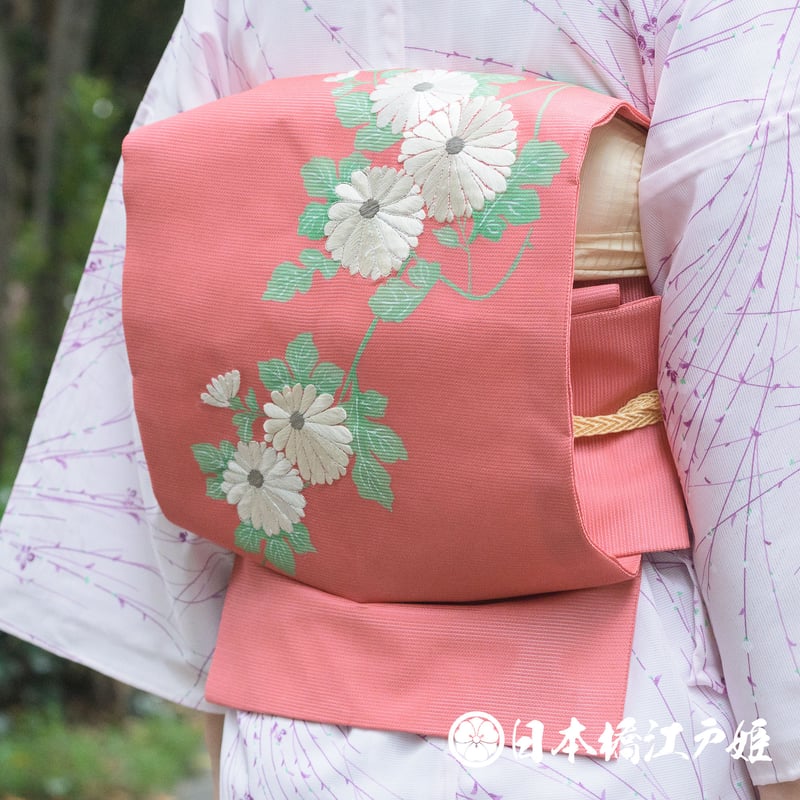 0256 夏物 名古屋帯 優品 正絹 ピンク 草花 菊 銀糸 刺繍 お太鼓柄 帯