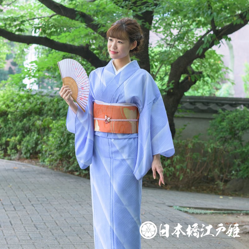 0195 夏物 名古屋帯 優品 絽 正絹 橙色 蝶 幾何学 引き箔 六通し 帯丈  