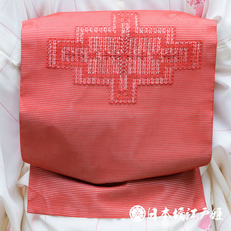0277 夏物 名古屋帯 Aランク美品 正絹 絽 赤 幾何学 刺繍 お太鼓柄 帯 