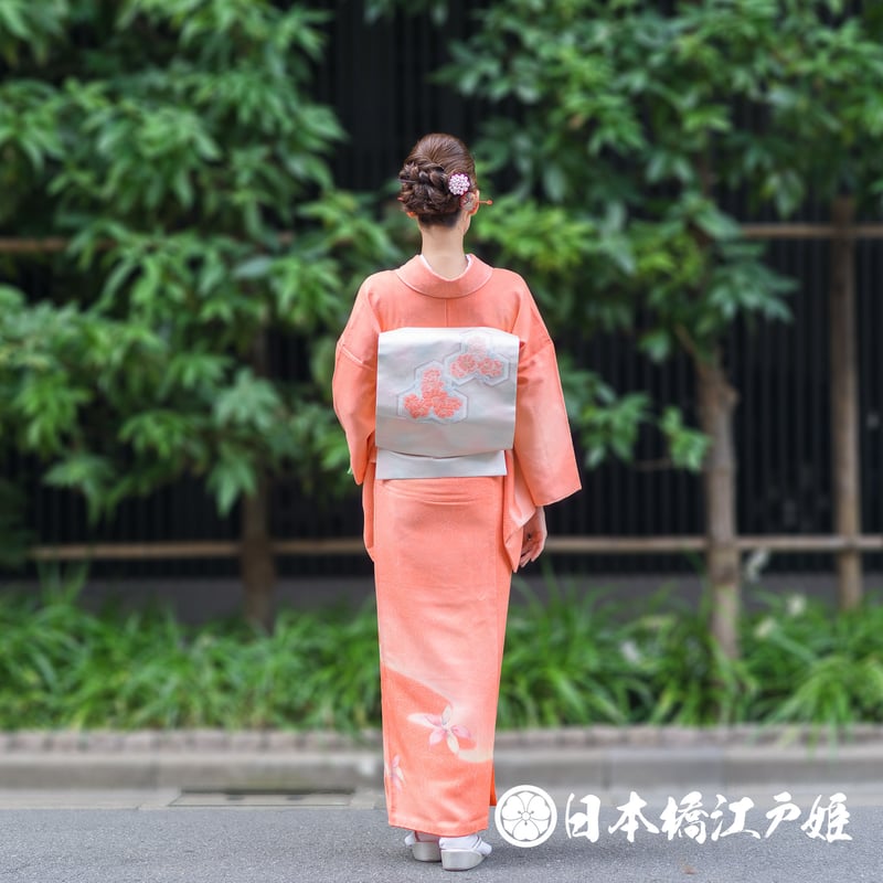 0283 名古屋帯 正絹 シルバー 銀パール箔 毘沙門亀甲 草花 六通し 帯丈  