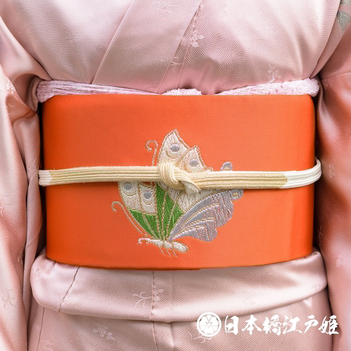 袋帯 正絹 オレンジ 華文 六通 唐織 金糸 銀糸 引箔 18062101