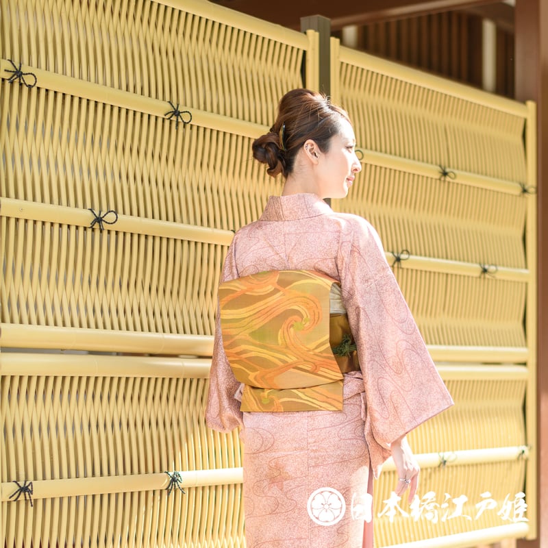 0145 名古屋帯 Aランク美品 正絹 黄土色 幾何学 帯丈353cm | 日本橋江戸姫