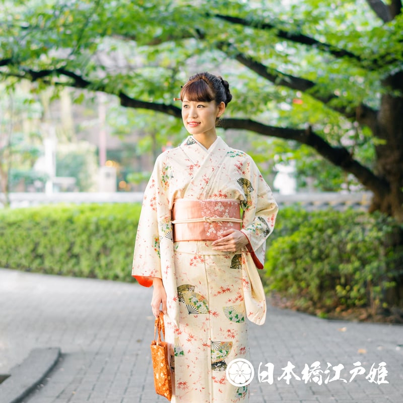 0363 小紋 正絹 袷 クリーム色 草花 扇 菊 牡丹 金彩 ちりめん 身丈 0363 小紋 正絹 袷 クリーム色 草花 扇 菊 牡丹 金彩 ちりめん 身丈