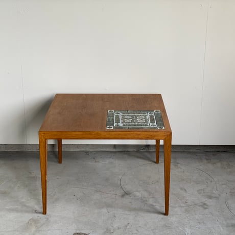 【Vintage】"Tenera"  Green Tile Top Side Table | Oak & Faience  70x70