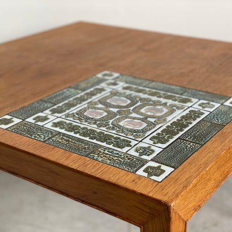 【Vintage】"Tenera"  Green Tile Top Side Table | Oak & Faience  70x70