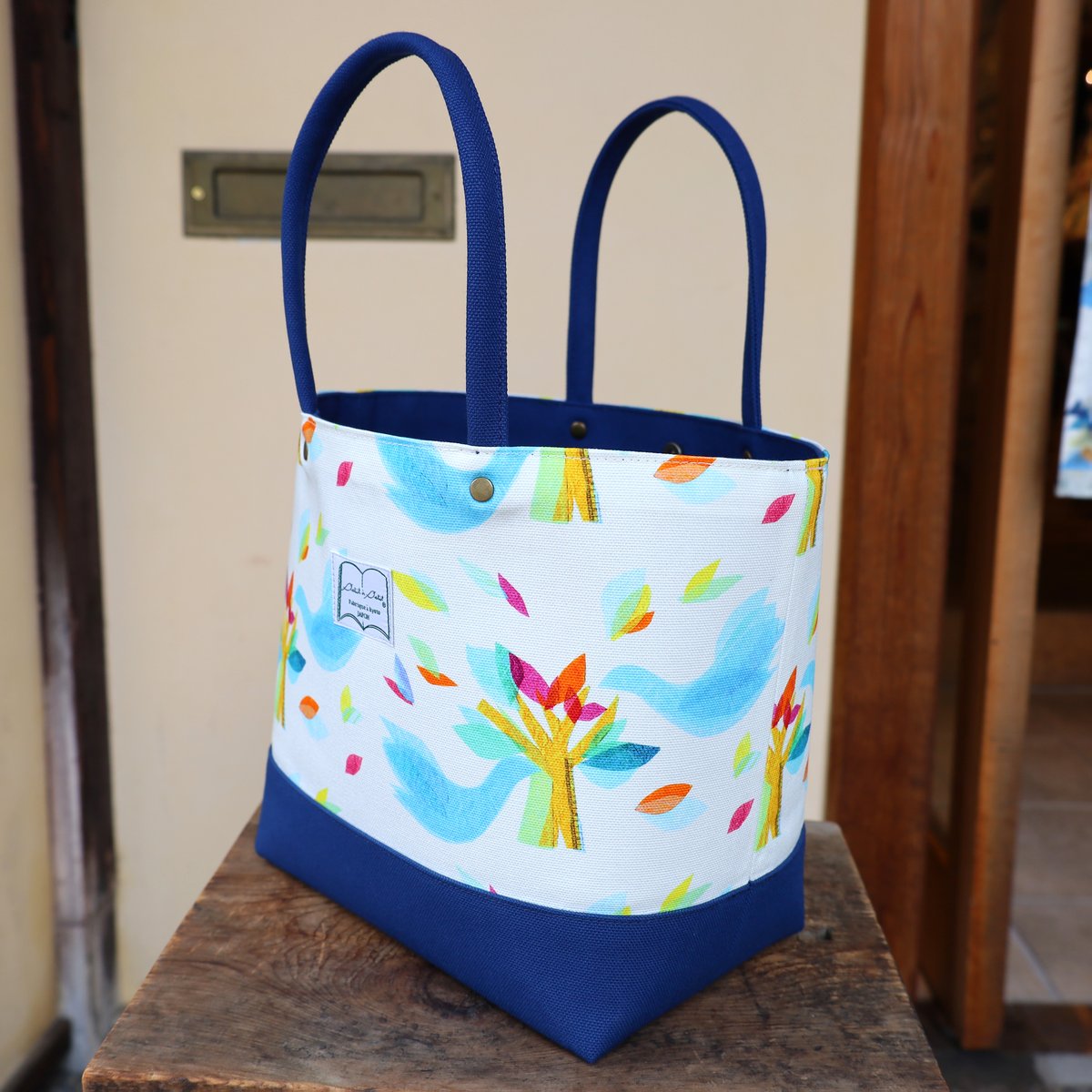 帆布色ネイビー＊Lトート【鳥】(ブルー） | petit à petit