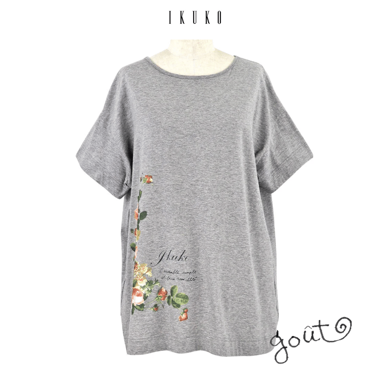 IKUKO【ソフト天竺フラワープリント 半袖Tシャツ】M・L GY 