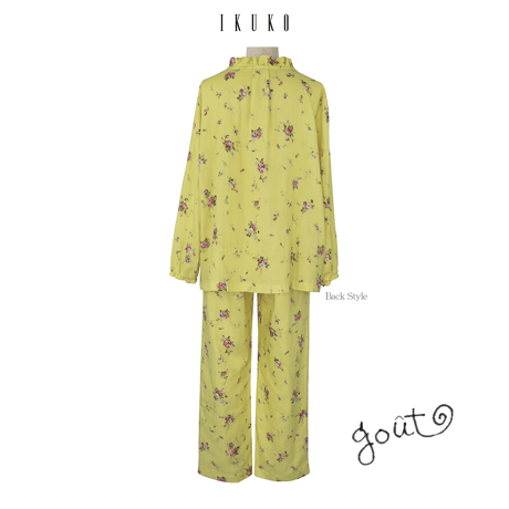 IKUKO【ダブルガーゼ花柄  前開きギャザーパジャマ】M YE